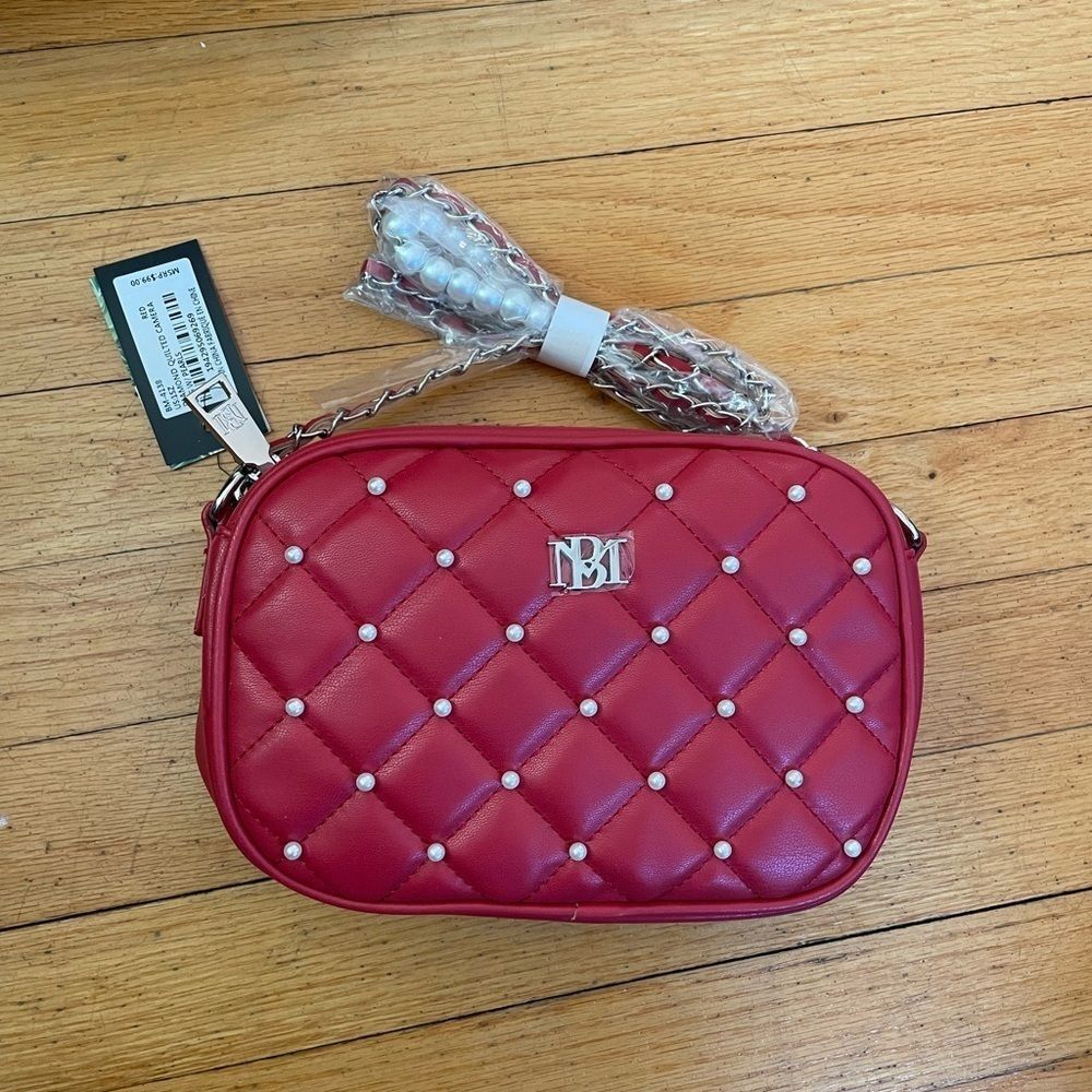 Badgley Mischka Diamond Quilted camera Bag with pearls red new with tags